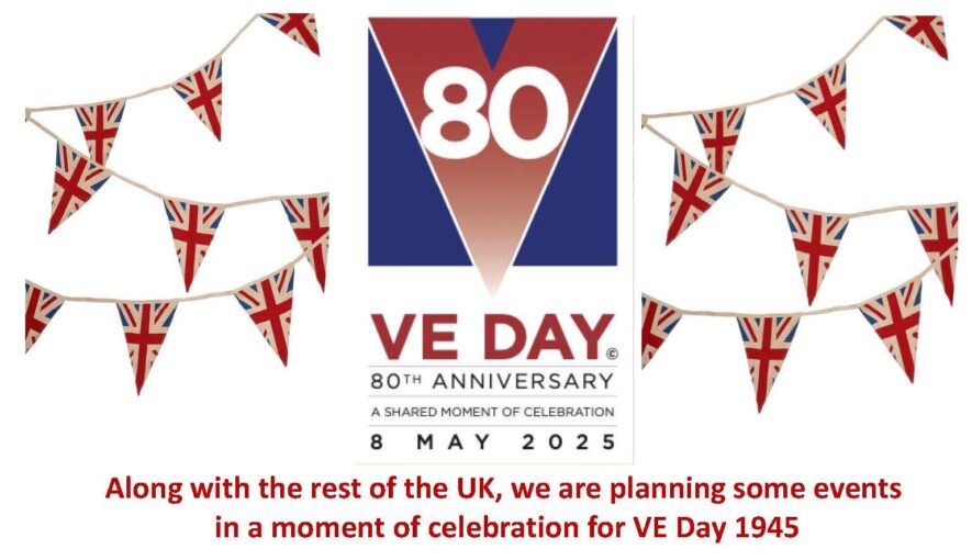 The UK Government official VE Day 80 image with Union Jack bunting draped from a blue rectangle showing the number 80 with VE Day 80th Anniversary - A shared moment of celebration